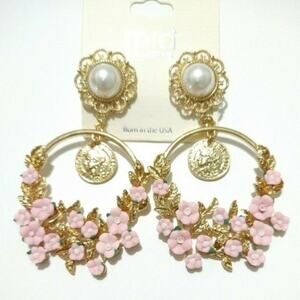 Mia Collection Gold Tone Pearl Pink Rose Dangling Coin Disc Chandelier Earrings